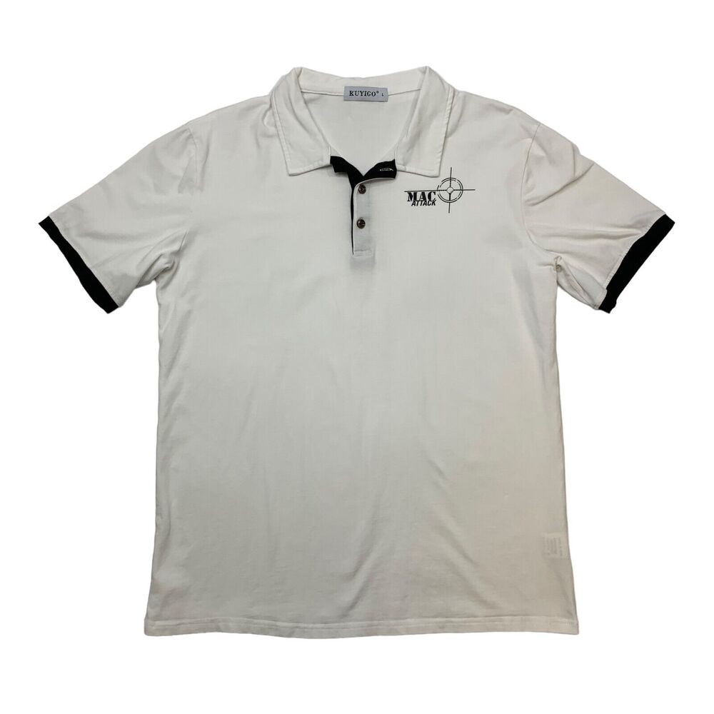 Kuyigo Polo Shirt Men Large White Mac Attack Graphic Short Sleeve Stretch Cotton